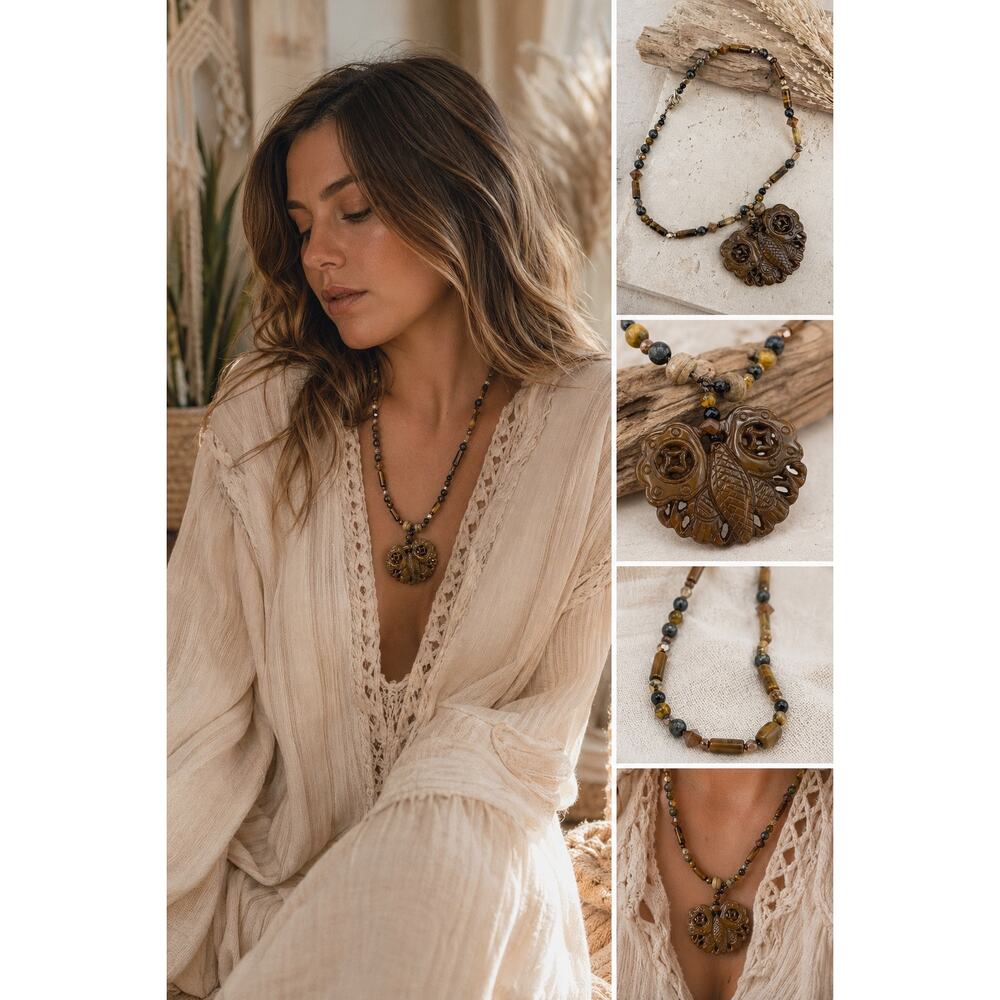 NWOT Tiffany Lee Designs Jade Butterfly Necklace OOAK Boho Artisan